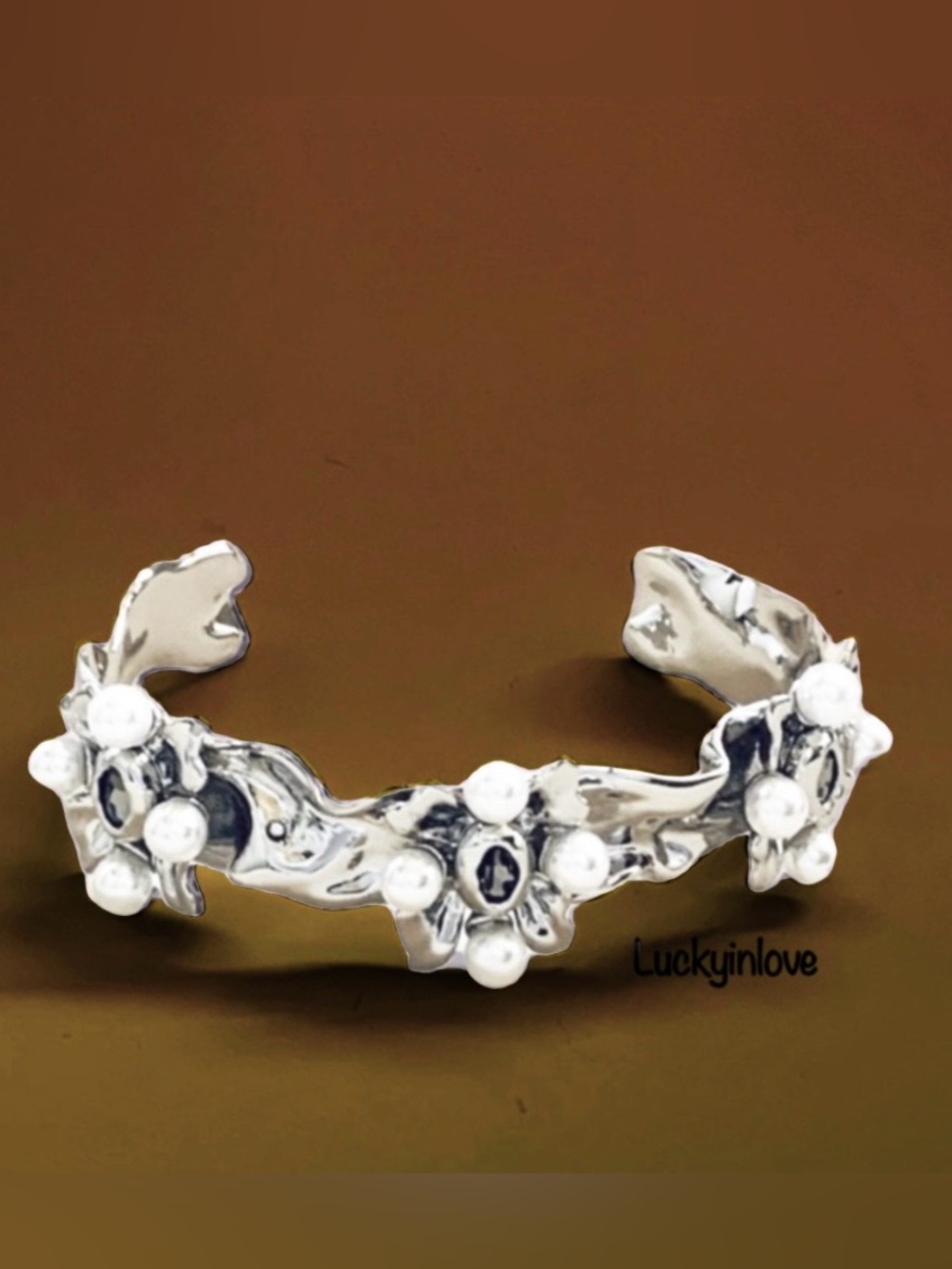 ALEXIS BITTAR • Silver Byzantine Faux Pearl Flower Ruffle Crumpled Cuff Bracelet
